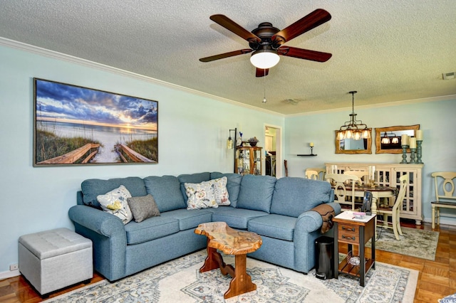 3602 Magnolia St Unit 3602, Myrtle Beach, SC 29577 - living area with a textured ceiling, ornamental molding, ceiling fan, and a chandelier