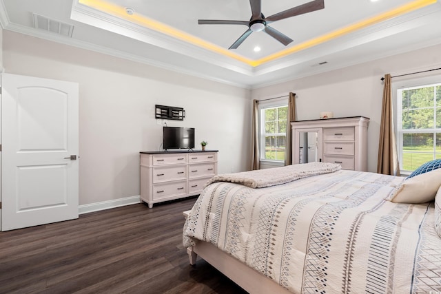 609 Mccown Dr, Conway, SC 29526 - bedroom featuring a raised ceiling, ornamental molding, dark wood-type flooring, recessed lighting, and a ceiling fan