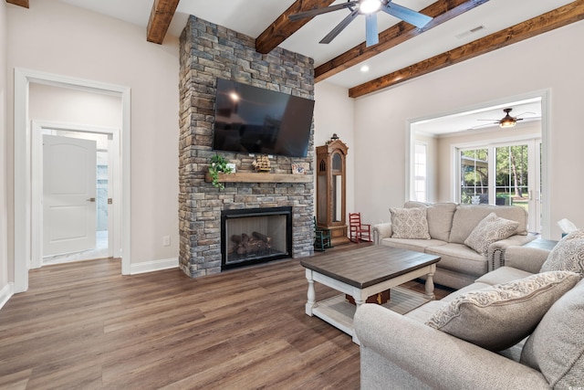 609 Mccown Dr, Conway, SC 29526 - living room featuring ceiling fan, wood finished floors, beamed ceiling, and a fireplace