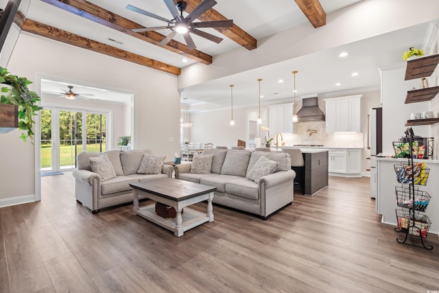 609 Mccown Dr, Conway, SC 29526 - living area featuring a ceiling fan, beam ceiling, light wood-type flooring, and recessed lighting