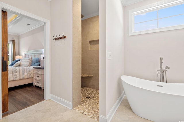 609 Mccown Dr, Conway, SC 29526 - ensuite bathroom featuring ornamental molding, walk in shower, and a freestanding bath