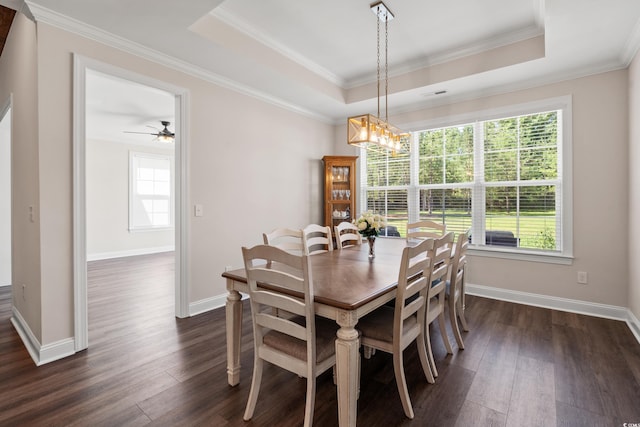 609 Mccown Dr, Conway, SC 29526 - dining space featuring dark wood-type flooring, a tray ceiling, ornamental molding, and a ceiling fan