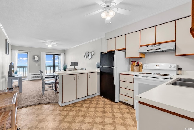 5601 N Ocean Blvd Unit A309, Myrtle Beach, SC 29577 - kitchen with under cabinet range hood, freestanding refrigerator, a ceiling fan, white electric range, and ornamental molding