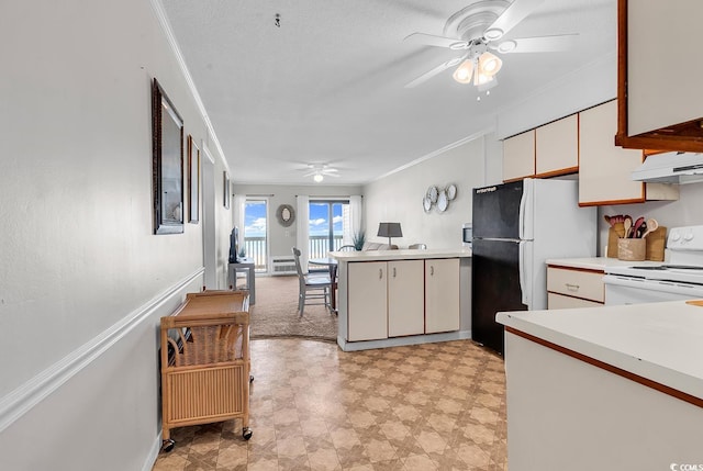 5601 N Ocean Blvd Unit A309, Myrtle Beach, SC 29577 - kitchen featuring electric range, ceiling fan, ornamental molding, light countertops, and exhaust hood