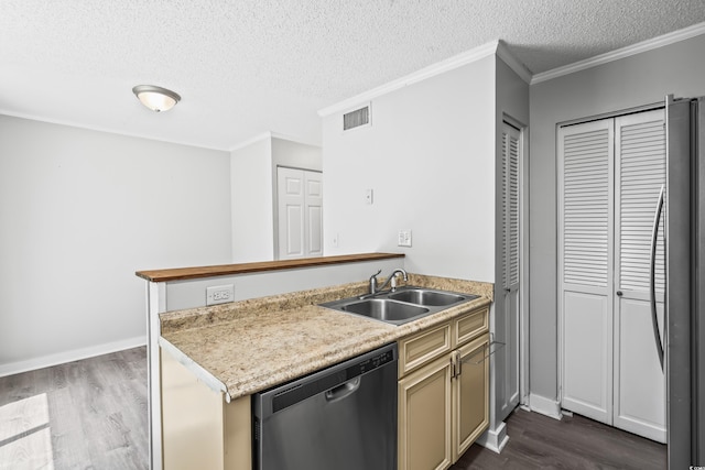 4115 Little River Rd Unit 1-E, Myrtle Beach, SC 29577 - kitchen with stainless steel dishwasher, dark wood finished floors, a textured ceiling, refrigerator, and a peninsula