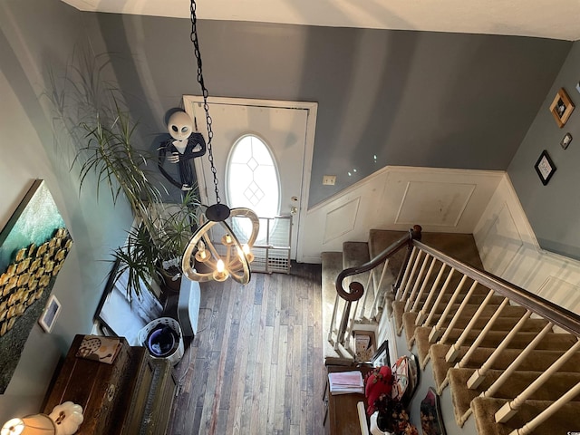 1872 Harris Short Cut Rd, Conway, SC 29526 - entryway with wood finished floors, wainscoting, and stairs