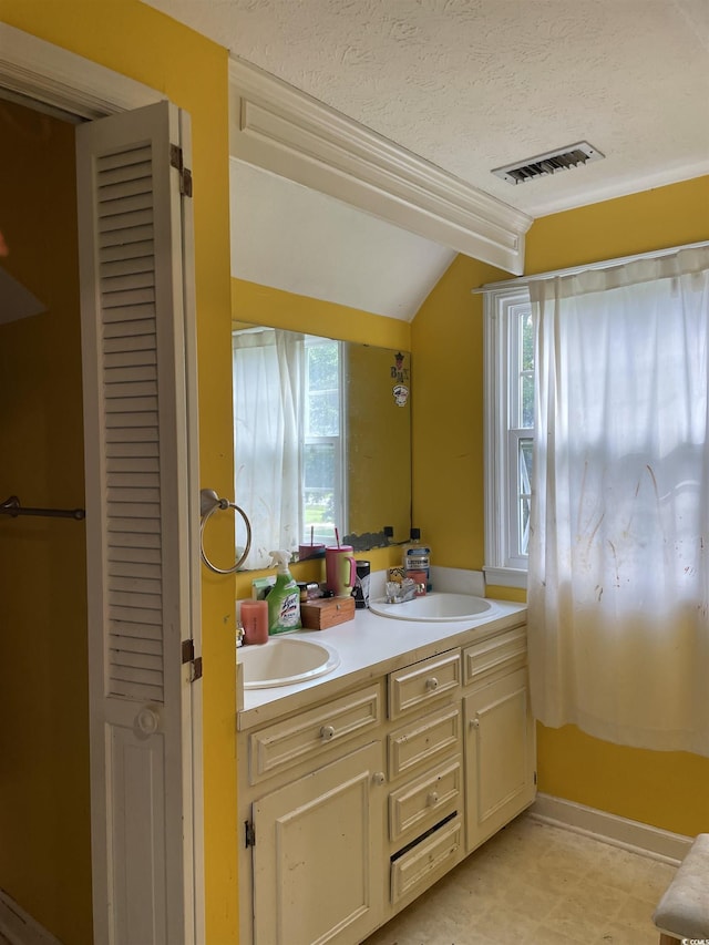 1872 Harris Short Cut Rd, Conway, SC 29526 - full bath featuring vaulted ceiling, double vanity, healthy amount of natural light, a textured ceiling, and a closet