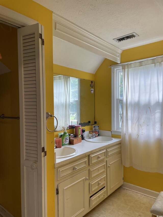 1872 Harris Short Cut Rd, Conway, SC 29526 - full bath featuring vaulted ceiling, double vanity, healthy amount of natural light, a textured ceiling, and a closet