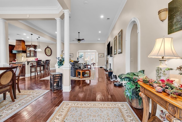 487 Trestle Way, Conway, SC 29526 - foyer entrance with decorative columns, a ceiling fan, dark wood finished floors, recessed lighting, and ornamental molding