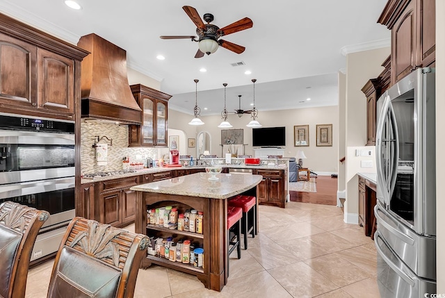487 Trestle Way, Conway, SC 29526 - kitchen with stainless steel appliances, a peninsula, premium range hood, crown molding, and open shelves