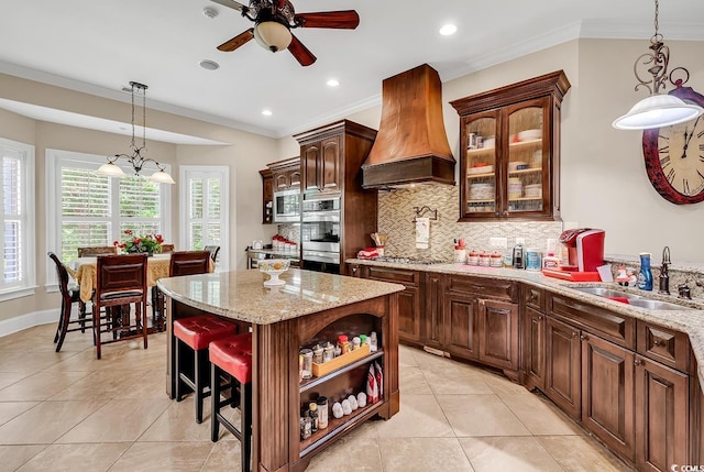 487 Trestle Way, Conway, SC 29526 - kitchen with appliances with stainless steel finishes, premium range hood, crown molding, ceiling fan, and open shelves