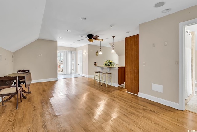 487 Trestle Way, Conway, SC 29526 - living room featuring a ceiling fan, light wood-type flooring, and vaulted ceiling