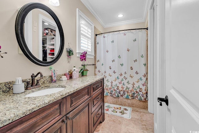 487 Trestle Way, Conway, SC 29526 - full bath featuring vanity, curtained shower, and ornamental molding