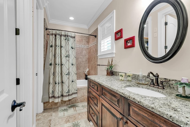 487 Trestle Way, Conway, SC 29526 - full bathroom with shower / tub combo with curtain, vanity, crown molding, and recessed lighting