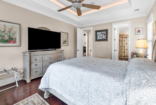 487 Trestle Way, Conway, SC 29526 - bedroom featuring a raised ceiling, dark wood finished floors, crown molding, and a ceiling fan