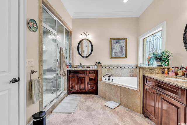 487 Trestle Way, Conway, SC 29526 - full bath with two vanities, a stall shower, a bath, and ornamental molding
