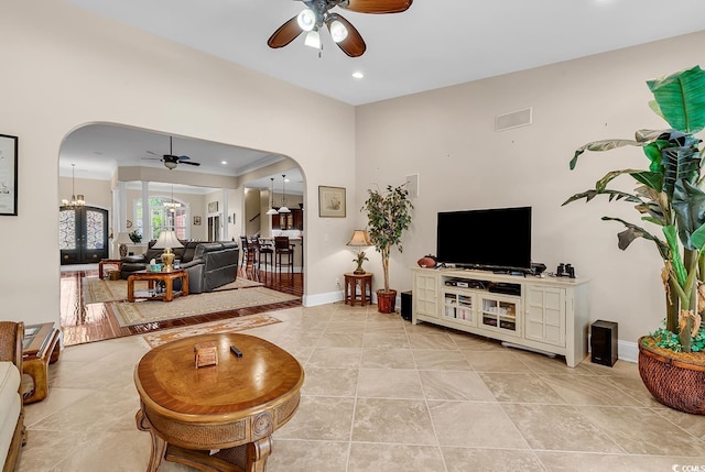 487 Trestle Way, Conway, SC 29526 - living area featuring ceiling fan, arched walkways, a chandelier, and recessed lighting