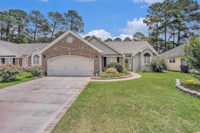 4726 Southern Trl, Myrtle Beach, SC 29579 - ranch-style home featuring an attached garage, brick siding, concrete driveway, a front lawn, and a shingled roof