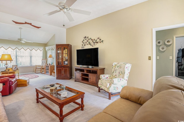 4726 Southern Trl, Myrtle Beach, SC 29579 - living area featuring a ceiling fan, light carpet, and vaulted ceiling