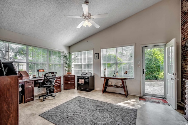 1010 Swan Lake Dr, North Myrtle Beach, SC 29582 - office with a textured ceiling, a ceiling fan, and high vaulted ceiling