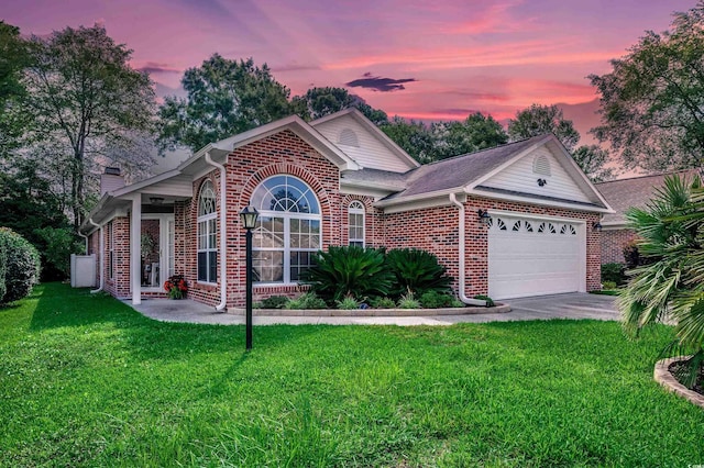 1010 Swan Lake Dr, North Myrtle Beach, SC 29582 - view of front of home with an attached garage, brick siding, a front lawn, and a chimney