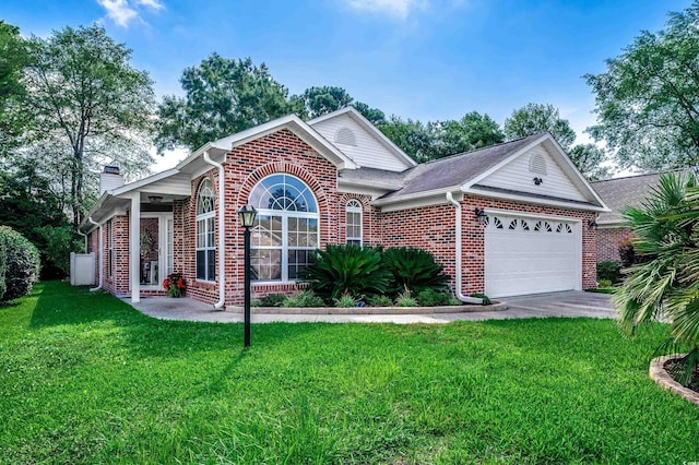1010 Swan Lake Dr, North Myrtle Beach, SC 29582 - view of front of home featuring brick siding, an attached garage, a front yard, and a chimney