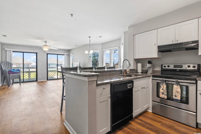 1100 Possum Trot Rd Unit F218, North Myrtle Beach, SC 29582 - kitchen featuring stainless steel range with electric stovetop, black dishwasher, under cabinet range hood, a peninsula, and healthy amount of natural light
