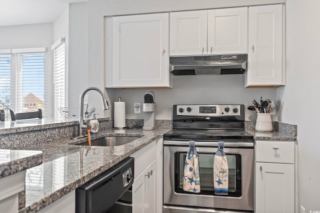 1100 Possum Trot Rd Unit F218, North Myrtle Beach, SC 29582 - kitchen featuring under cabinet range hood, electric range, dishwasher, and white cabinets