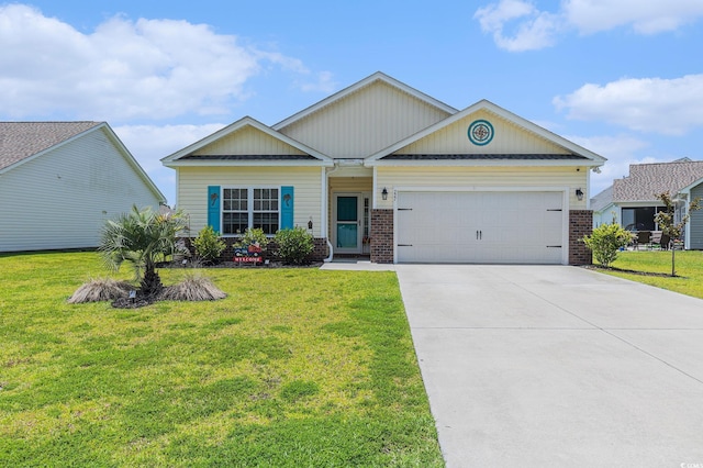 227 Palm Terrace Loop, Conway, SC 29526 - view of front facade with brick siding, an attached garage, driveway, a front yard, and board and batten siding