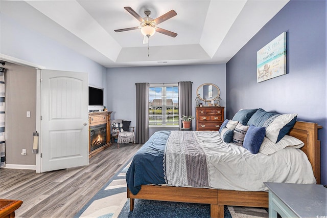 227 Palm Terrace Loop, Conway, SC 29526 - bedroom featuring a tray ceiling, wood finished floors, a glass covered fireplace, and ceiling fan