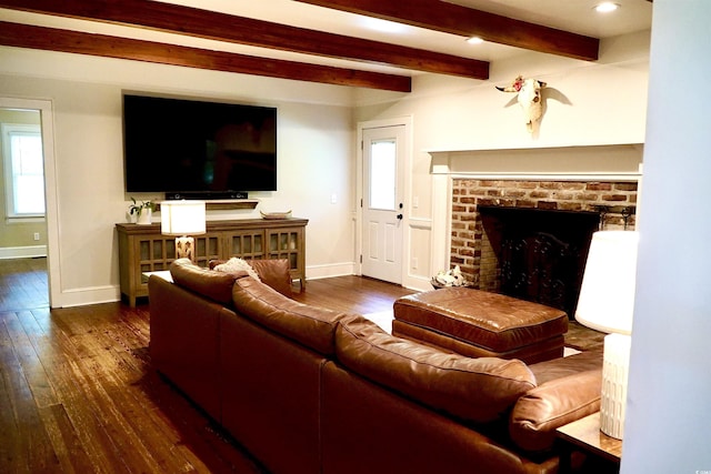 160 Comanche Dr, Georgetown, SC 29440 - living area featuring a brick fireplace, dark wood-style flooring, beam ceiling, and recessed lighting