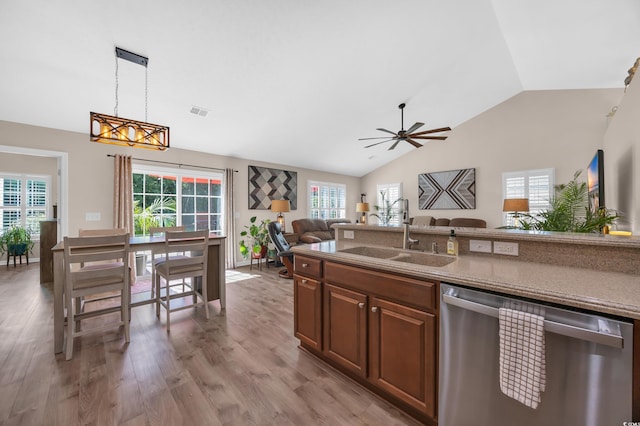 3154 Shorecrest Bay Dr, Murrells Inlet, SC 29576 - kitchen with dishwasher, light wood-type flooring, lofted ceiling, open floor plan, and a ceiling fan