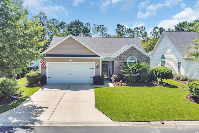 3154 Shorecrest Bay Dr, Murrells Inlet, SC 29576 - ranch-style house with a garage, a front lawn, concrete driveway, a shingled roof, and brick siding