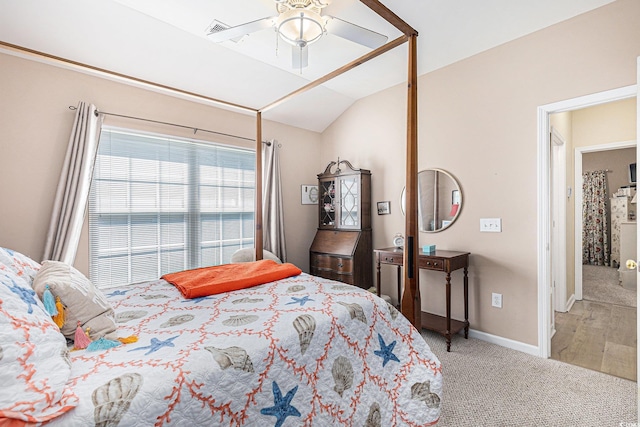 4610 Fringetree Dr, Murrells Inlet, SC 29576 - bedroom with light colored carpet, lofted ceiling, and a ceiling fan