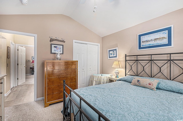 4610 Fringetree Dr, Murrells Inlet, SC 29576 - bedroom with vaulted ceiling, a closet, light carpet, and a ceiling fan