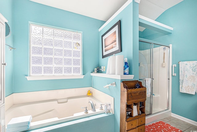 4610 Fringetree Dr, Murrells Inlet, SC 29576 - bathroom with a stall shower, a bath, and tile patterned flooring