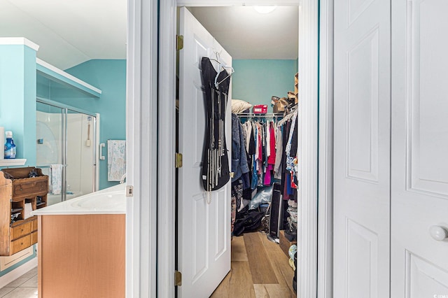4610 Fringetree Dr, Murrells Inlet, SC 29576 - walk in closet featuring lofted ceiling and light wood-style flooring