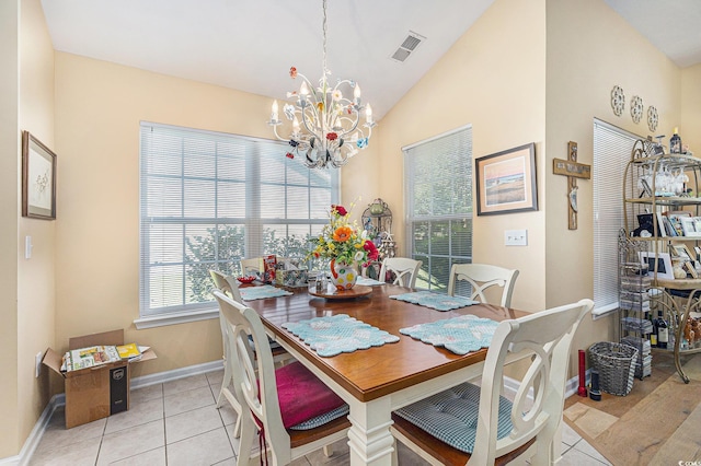 4610 Fringetree Dr, Murrells Inlet, SC 29576 - dining room featuring a chandelier, vaulted ceiling, and light tile patterned floors