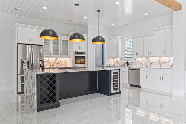 607 Boone Hall Dr, Myrtle Beach, SC 29579 - kitchen with appliances with stainless steel finishes, wine cooler, light marble finish floors, recessed lighting, and a large island
