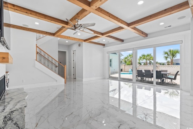607 Boone Hall Dr, Myrtle Beach, SC 29579 - unfurnished living room featuring marble tiled floors, beamed ceiling, a ceiling fan, stairs, and coffered ceiling