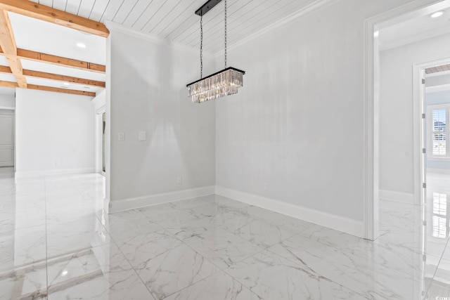 607 Boone Hall Dr, Myrtle Beach, SC 29579 - unfurnished dining area featuring marble finish floors, a chandelier, recessed lighting, beamed ceiling, and crown molding