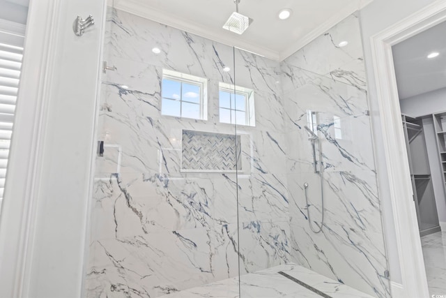 607 Boone Hall Dr, Myrtle Beach, SC 29579 - bathroom featuring a marble finish shower, ornamental molding, a spacious closet, recessed lighting, and marble finish flooring