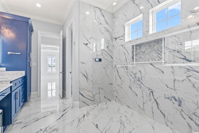 607 Boone Hall Dr, Myrtle Beach, SC 29579 - full bathroom featuring vanity, a marble finish shower, ornamental molding, marble tiled floors, and recessed lighting