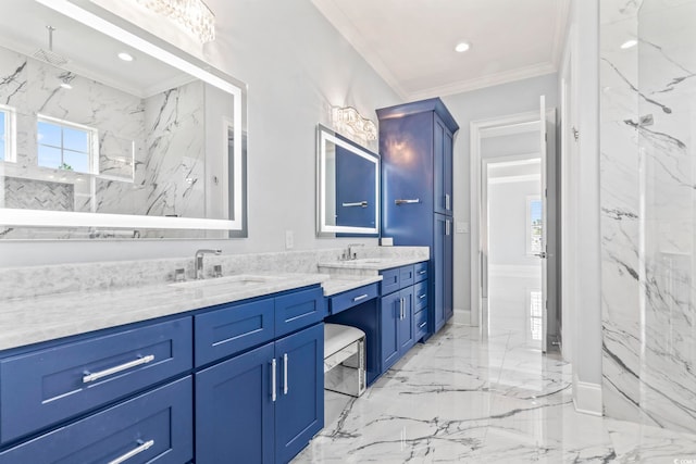 607 Boone Hall Dr, Myrtle Beach, SC 29579 - full bath featuring marble tiled flooring, vanity, crown molding, and recessed lighting