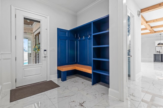 607 Boone Hall Dr, Myrtle Beach, SC 29579 - mudroom with marble tiled floors and crown molding