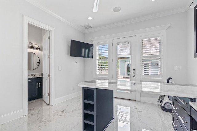 607 Boone Hall Dr, Myrtle Beach, SC 29579 - kitchen featuring light marble finish flooring, ornamental molding, open shelves, and recessed lighting