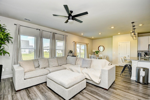 2325 Copper Creek Loop, Longs, SC 29568 - living room with recessed lighting, plenty of natural light, wood finished floors, and a ceiling fan