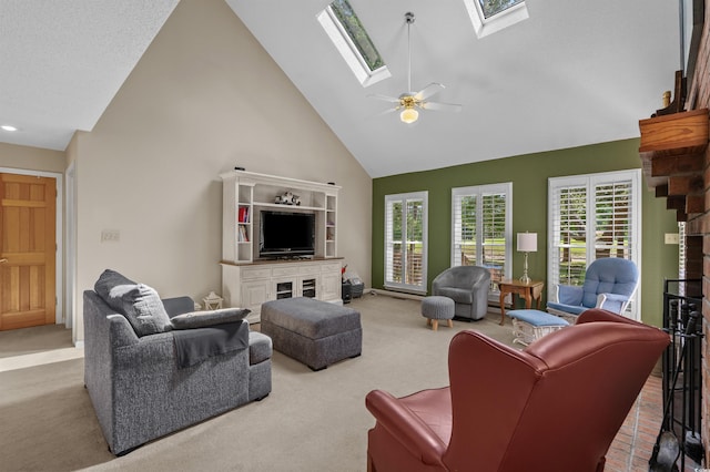 3975 River Hills Dr, Little River, SC 29566 - living room with a skylight, carpet, high vaulted ceiling, and ceiling fan