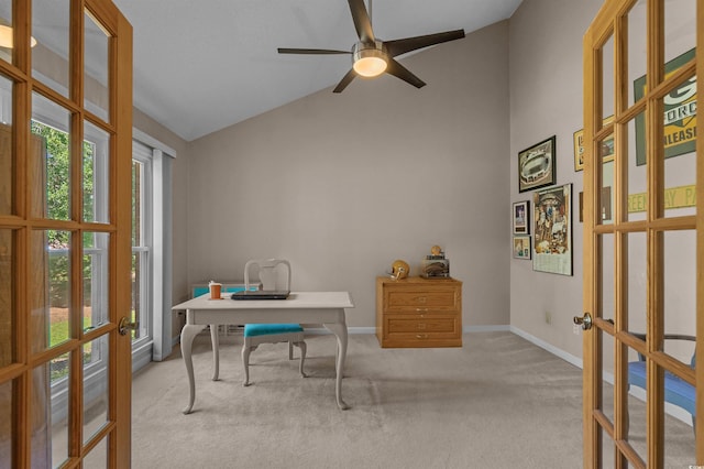 3975 River Hills Dr, Little River, SC 29566 - home office with french doors, carpet floors, high vaulted ceiling, and a ceiling fan
