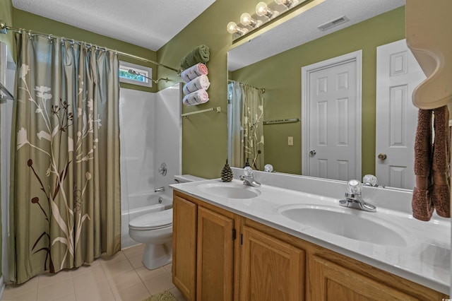 3975 River Hills Dr, Little River, SC 29566 - full bathroom featuring double vanity, shower / bathtub combination with curtain, a textured ceiling, and tile patterned floors